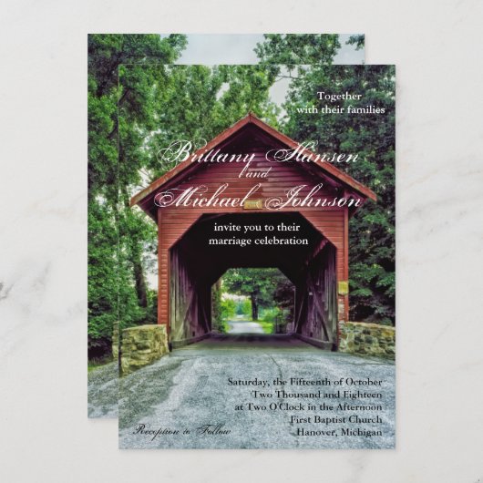 Rustieke houten overdekte brug bruiloft uitnodigin kaart (Voorkant / Achterkant)