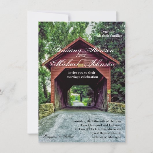 Rustieke houten overdekte brug bruiloft uitnodigin kaart (Voorkant)