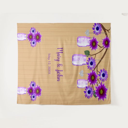 Rustieke Houten Paarse Bloem Mason Pot Foto Achter Wandkleed (Voorkant (horizontaal))