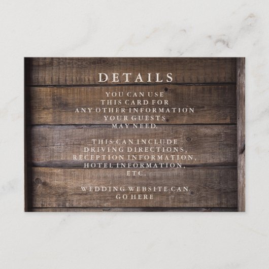 Rustieke houten pallet bruiloft details informatiekaartje (Voorkant)