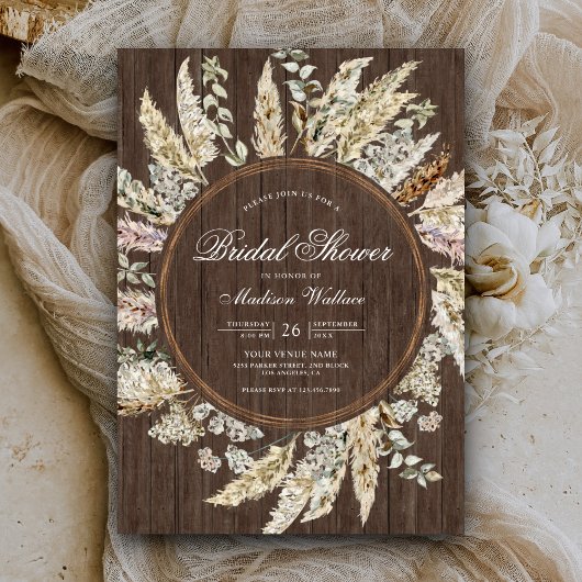 Rustieke houten Pampas gras Boho krans Bruidsdouch Kaart