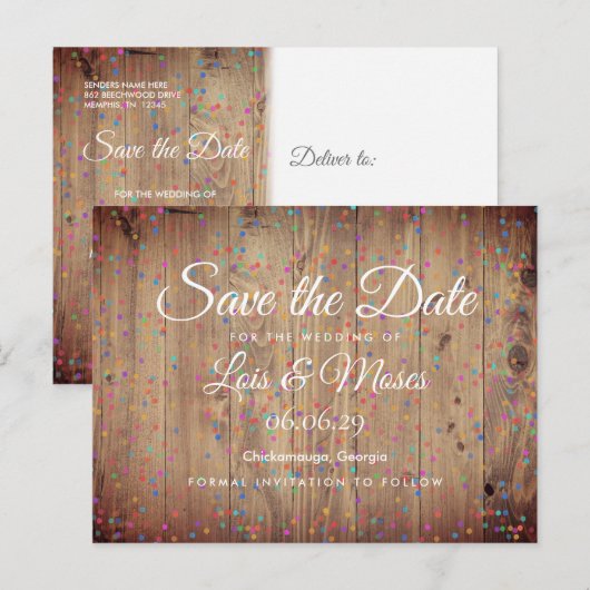 Rustieke Houten Panelen Regenboog Confetti Save th Aankondigingskaart (Voorkant / Achterkant)