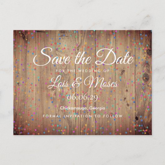 Rustieke Houten Panelen Regenboog Confetti Save th Aankondigingskaart (Voorkant)