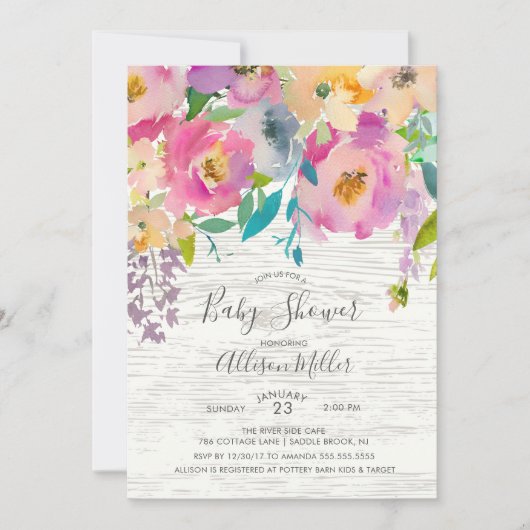 Rustieke Houten Pastel Bloemen Baby shower Invitat Kaart (Voorkant)