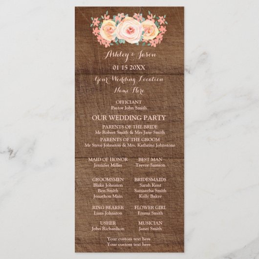 Rustieke houten perzik bloemenhuwelijksprogramma programmakaart (Achterkant)