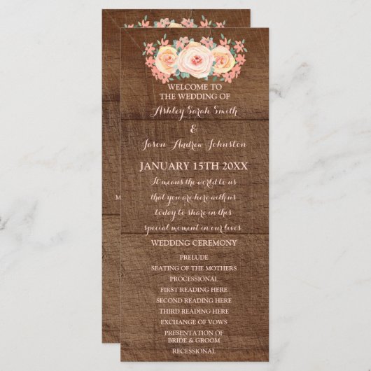 Rustieke houten perzik bloemenhuwelijksprogramma programmakaart (Voorkant / Achterkant)