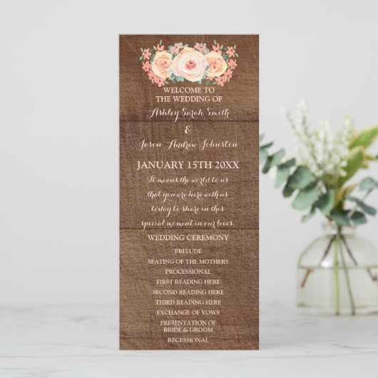 Rustieke houten perzik bloemenhuwelijksprogramma programmakaart (Staand voorkant)