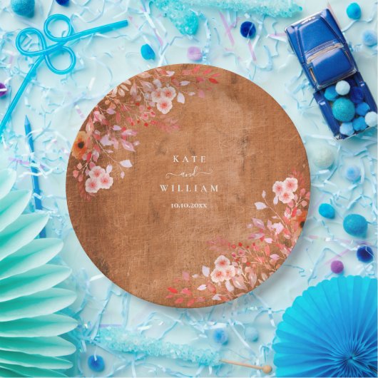 Rustieke Houten Perzik Wildbloemen Bloemen Bloemen Papieren Bordje (Feest)