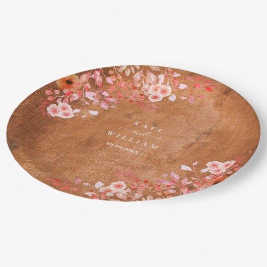 Rustieke Houten Perzik Wildbloemen Bloemen Bloemen Papieren Bordje (Gekanteld)