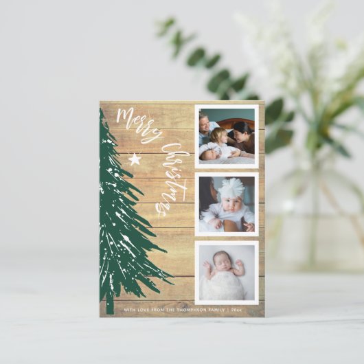Rustieke Houten Pijnboom Fotocollage Kerstmis Feestdagenkaart (Staand voorkant)