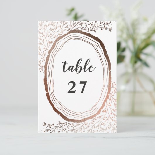 Rustieke houten plak koper bruiloft tafel nummers kaart (Staand voorkant)