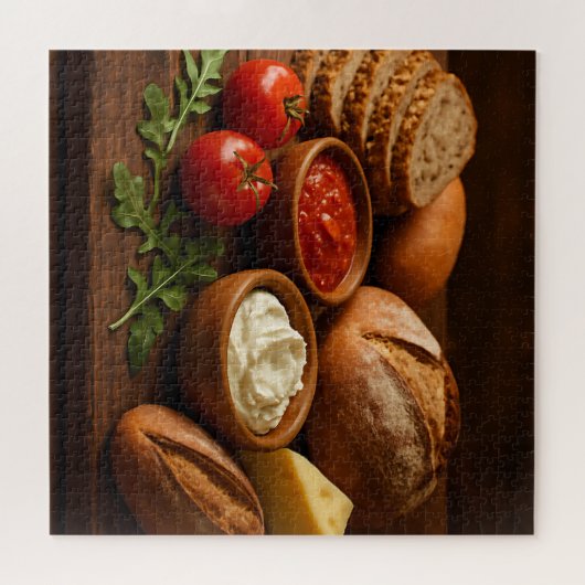 Rustieke houten plank met ambachtelijke broodjes k legpuzzel (Horizontaal)