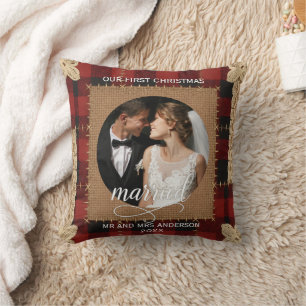 Rustieke Houten Plank Plaid Eerste Kerstmis Getrou Kussen