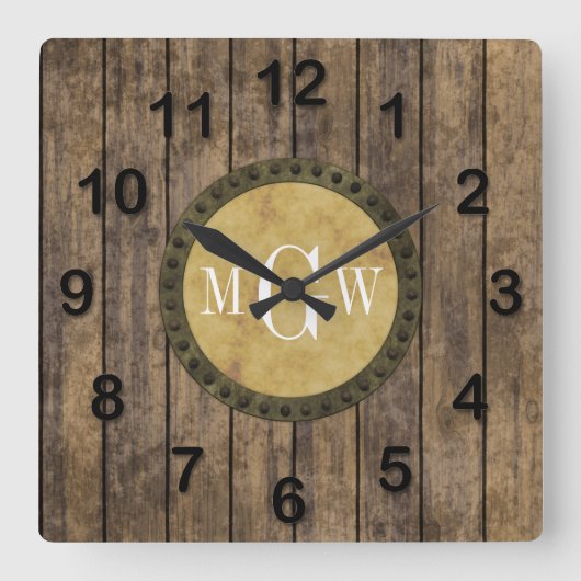 Rustieke houten planken #1 Steampunk 3 Monogram Vierkante Klok (Voorkant)