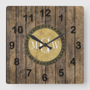 Rustieke houten planken #1 Steampunk 3 Monogram Vierkante Klok