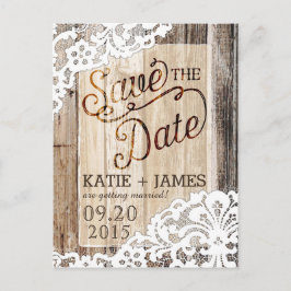 Rustieke houten planken en kant Save the Date Aankondigingskaart