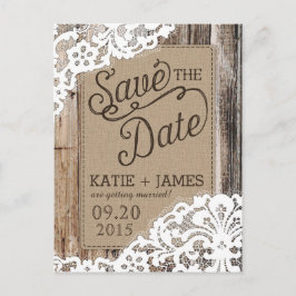 Rustieke houten planken en kant Save the Date Aankondigingskaart