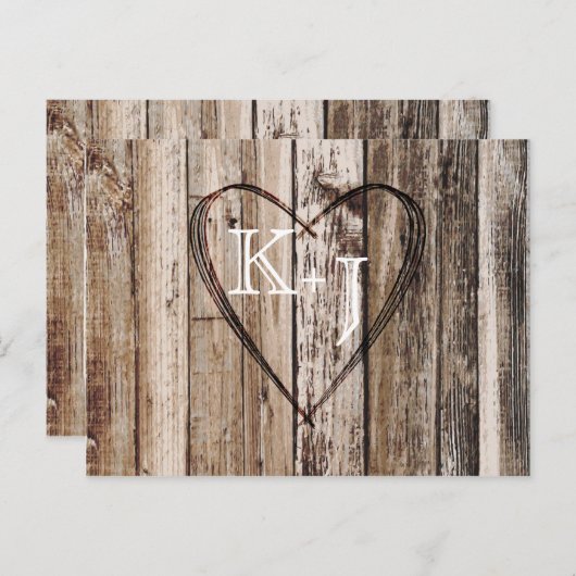 Rustieke Houten Planken Hart Etsen Save the Date Aankondigingskaart (Voorkant / Achterkant)