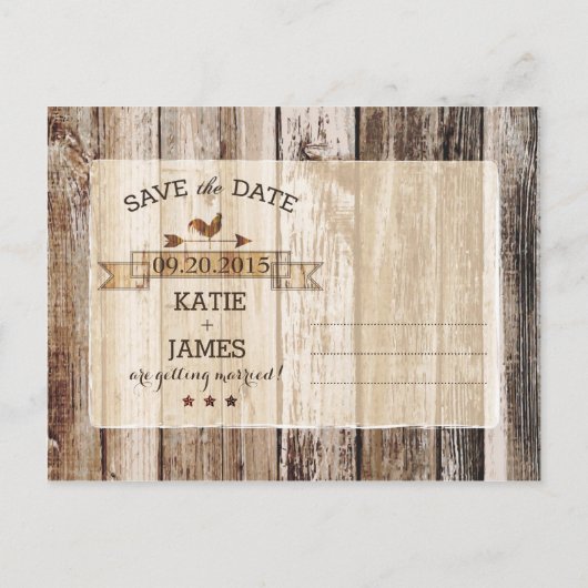 Rustieke Houten Planken Hart Etsen Save the Date Aankondigingskaart (Achterkant)