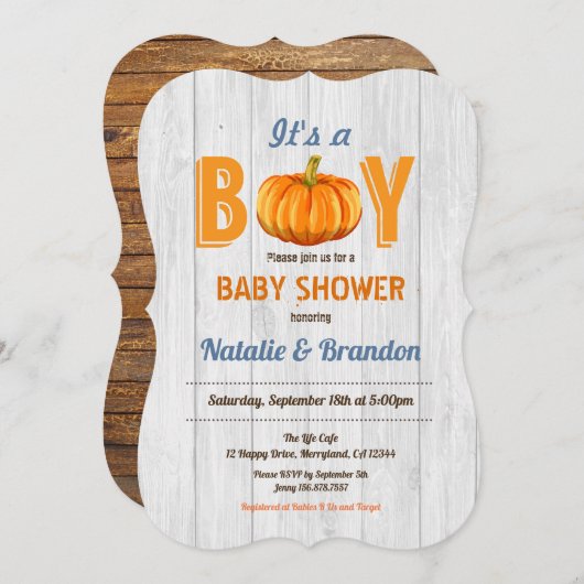 Rustieke houten pompoen baby jongen shower uitnodi kaart (Voorkant / Achterkant)