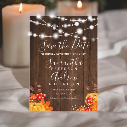 Rustieke houten pompoen slingerlichtjes save the d date