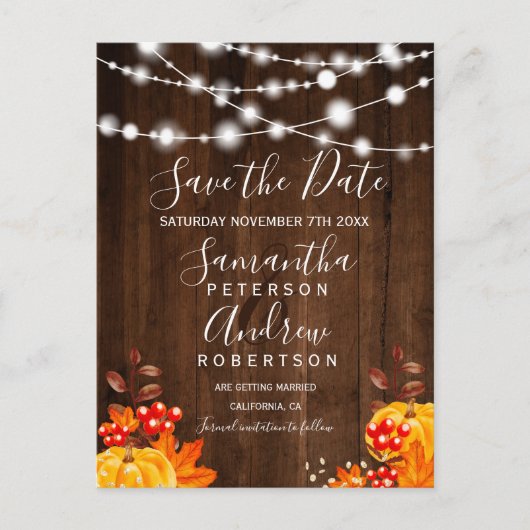 Rustieke houten pompoen string lampen opslaan van aankondigingskaart (Voorkant)