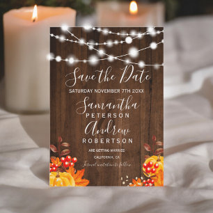 Rustieke houten pompoen string lampen opslaan van  save the date