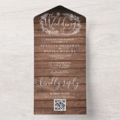 Rustieke houten QR-code monogram bloemige bruiloft All In One Uitnodiging (Binnen)