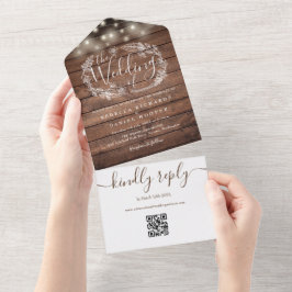Rustieke houten QR-code slingerlichten bloemige br All In One Uitnodiging