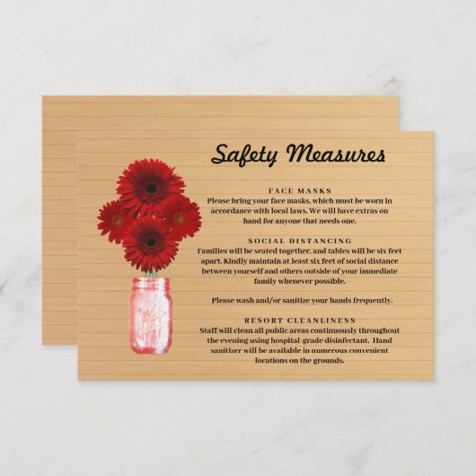 Rustieke Houten Rode Bloemstuk Mason Pot Veilighei Informatiekaartje (Voorkant / Achterkant)