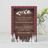 Rustieke houten rode buffel geruite bergtrouwdag save the date (Staand voorkant)
