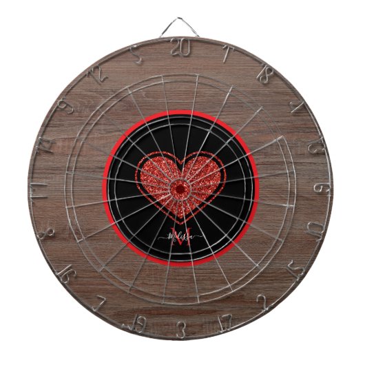 Rustieke Houten Rode Glitter Hart Initiaal Naam Dartbord (Voorkant)