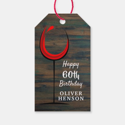 Rustieke Houten Rode Wijn 60e Verjaardag Cadeaulabel (Voorkant)
