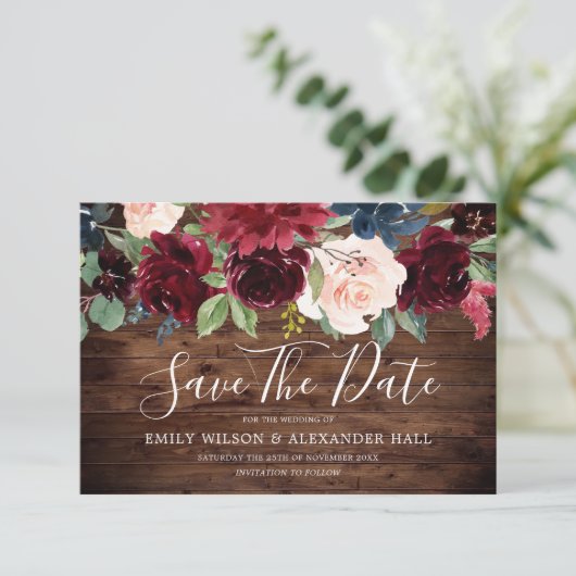 Rustieke Houten Rood Wijn Bourgondië Bloemen Bruil Save The Date (Staand voorkant)