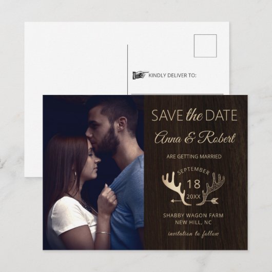 Rustieke houten Roos gouden geweien foto opslaan v Uitnodiging Briefkaart (Voorkant / Achterkant)