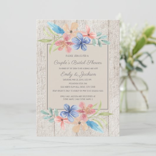 Rustieke Houten Roze Blauwe Bloem Bruidspaar Bruil Kaart (Staand voorkant)