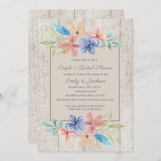 Rustieke Houten Roze Blauwe Bloem Bruidspaar Bruil Kaart (Voorkant / Achterkant)