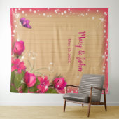 Rustieke houten roze bloemen vlinder achtergrond wandkleed (In Situ (horizontaal))