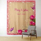 Rustieke houten roze bloemen vlinder achtergrond wandkleed (In situ)