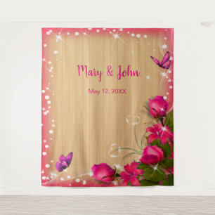 Rustieke Houten Roze Bloemen Vlinder Achtergrond Wandkleed