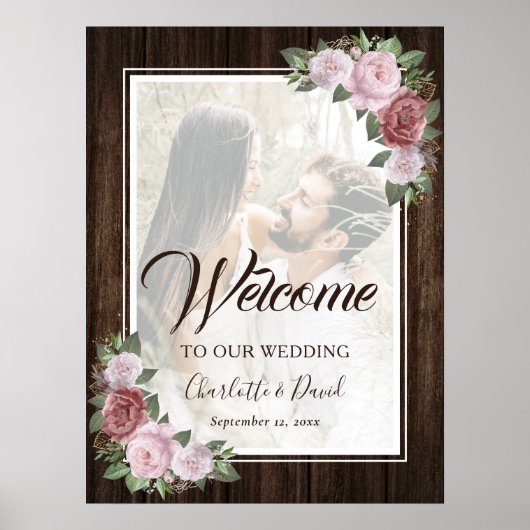Rustieke houten roze bloemenfoto welkomstbord poster (Voorkant)