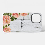 Rustieke houten roze bloemenscript met naam iPhone hoesje (Achterkant horizontaal)