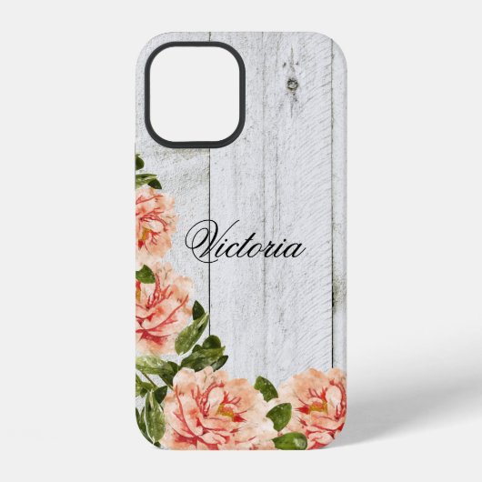 Rustieke houten roze bloemenscript met naam iPhone hoesje (Achterkant)