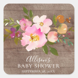 Rustieke houten roze bloemige Baby showers envelop Vierkante Sticker