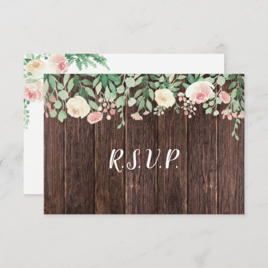 Rustieke houten roze bloemige buffet trouw RSVP Kaart (Voorkant / Achterkant)