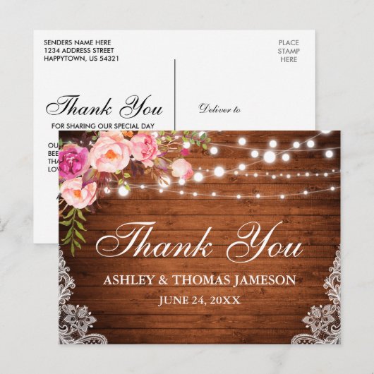 Rustieke houten roze bloemlichten kant voor de bru briefkaart (Voorkant / Achterkant)