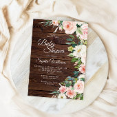 Rustieke Houten Roze Roze Bloemen Baby Shower Kaart