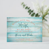 Rustieke houten Save the Date kaart met zeesterren (Staand voorkant)