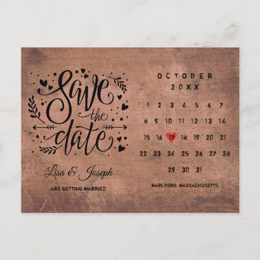 Rustieke Houten Save the Date Kalender Rode Hart Briefkaart (Voorkant)