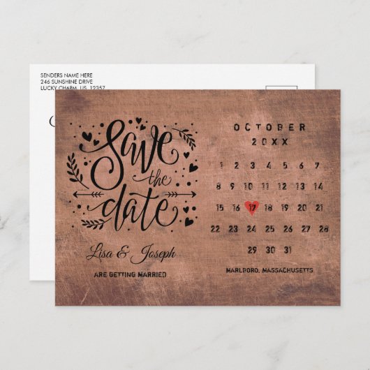 Rustieke Houten Save the Date Kalender Rode Liefde Aankondigingskaart (Voorkant / Achterkant)